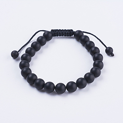Black Agate Adjustable Nylon Cord Braided Bead Bracelets, with Frosted Black Agate Beads, 2-1/8 inch(55mm)