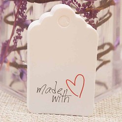Blanco Etiquetas de regalo de papel, etiquetas de suspensión, para manualidades, para la boda, Día de San Valentín, rectángulo con la palabra hecha con amor, blanco, 50x30x0.4 mm, agujero: 5 mm