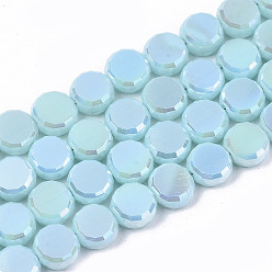 Light Sky Blue Electroplate Opaque Solid Color Glass Beads Strands, AB Color Plated, Faceted Flat Round, Light Sky Blue, 8x4mm, Hole: 1.5mm, about 99~101pcs/strand, 27.76 inch~28.94 inch, (70.5cm~73.5cm)