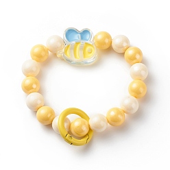 Or Bracelet bracelet porte-clés, porte-clés perles rondes acryliques et pendentif abeille, avec les accessoires en alliage, or, 2.4x2.6x0.9 cm