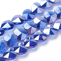 Blue Electroplate Glass Beads, AB Color Plated, Faceted, Heart, Blue, 14x14x8.5mm, Hole: 1mm