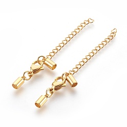 Golden 304 Stainless Steel Chain Extender, Lobster Claw Clasps for Jewelry Making, Golden, 33mm, Hole: 3mm, Cord End: 8.5x4mm, Clasp: 7x12mm, Extension Chain: 45mm, Jump Ring: 5x1mm