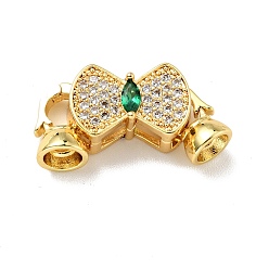 Golden Rack Plating Brass Micro Pave Clear & Green Cubic Zirconia Fold Over Clasps, Cadmium Free & Lead Free, Long-Lasting Plated, Bowknot, Golden, Bowknot: 10x15.5mm, Clasp: 11x7mm, Inner Diameter: 4.1mm