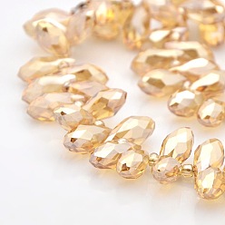 Vara de Oro Facetas lágrima perla brillo plateado electrochapa cuentas de vidrio hebras, cuentas perforadas superiores, vara de oro, 12x6 mm, agujero: 1 mm, sobre 100 unidades / cadena, 15.5 pulgada