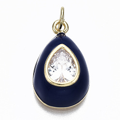 Prussian Blue Brass Clear Cubic Zirconia Pendants, with Enamel and Jump Rings, Cadmium Free & Nickel Free & Lead Free, Real 16K Gold Plated, Teardrop, Prussian Blue, 19.5x12x7mm, Jump Ring: 4.8x0.6mm, 3.6mm inner diameter
