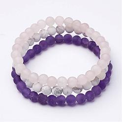 Mixed Stone Mixed Gemstone Beaded Stretch Bracelet Sets, Natural Rose Quartz, Howlite and Natural Amethyst, Frosted, 2-1/8 inch(53mm)