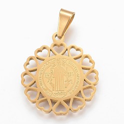 Золотой 304 подвески из нержавеющей стали, плоско-круглые, святой Бенедикт медаль, золотые, 31x27x2 мм, отверстие : 5x8 мм