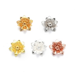 Mixed Color 3D Brass Bead Caps, Flower, Multi-Petal, Mixed Color, Tray: 5mm, 16x6.5mm, Hole: 0.8mm