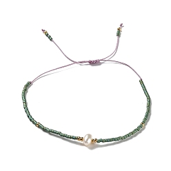 Dark Olive Green Glass Imitation Pearl & Seed Braided Bead Bracelets, Adjustable Bracelet, Dark Olive Green, 11 inch(28cm)