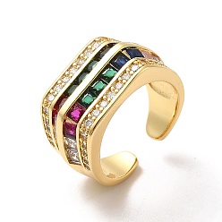 Разноцветный Открытое кольцо-манжета с многорядным кубическим цирконием, широкое женское кольцо из настоящей позолоченной латуни с покрытием 18k, красочный, размер США 7 (17.3 мм)