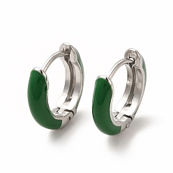 Vert Foncé Boucles d'oreilles créoles en émail, couleur acier inoxydable 316 bijoux chirurgicaux en acier inoxydable pour femmes, vert foncé, 13x14x3mm, pin: 1 mm