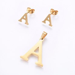 Letter A 304 pendentifs en acier inoxydable et des boucles d'oreilles ensembles de bijoux, alphabet, letter.a, 20~23x13~19x1.5mm, trou: 6x3 mm, 6~10x6~9x1 mm, pin: 0.8 mm
