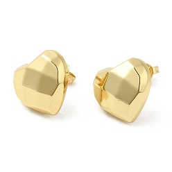 Real 16K Gold Plated Brass Faceted Heart Stud Earrings for Women, Real 16K Gold Plated, 14x15mm
