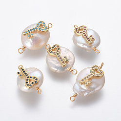 Couleur Mélangete Connecteurs de liens de perles naturelles, avec accessoires zircon cubique micro pave en laiton, pépites avec clé de coeur, or, couleur mixte, 21~25x13~15x6~8mm, Trou: 1.6mm