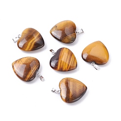 Tiger Eye Natural Tiger Eye Pendants, with Platinum Tone Brass Findings, Heart, 27~28x24.5~26x6~8.5mm, Hole: 2.4x5.6mm