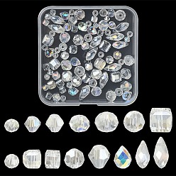 Clair 100 pcs 15 style perles à facettes en verre galvanoplastie transparent, bicône & rond & cube & larme & rondelle, clair, 4~13x3~8mm, Trou: 0.4~1.5mm