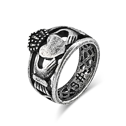 Plata Antigua Anillos de dedo huecos de acero de titanio para hombres y mujeres., anillo claddagh con corona de corazón, plata antigua, tamaño de EE. UU. 9 3/4 (19.5 mm)