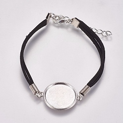 Black Suede Bracelet Making, with Alloy Tray Settings and Iron Chains, Flat Round, Platinum, Black, 8-1/8 inch~8-1/4 inch(20.5~21cm), Tray: 20mm