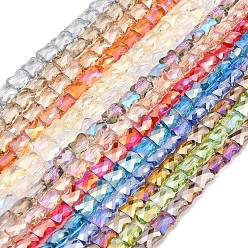 Mixed Color AB Color Plated Transparent Glass Beads Strands, Faceted Bamboo Stick, Mixed Color, 10.5~11x8x5mm, Hole: 1mm, about 59~60pcs/strand, 24.41~24.80''(62~63cm)
