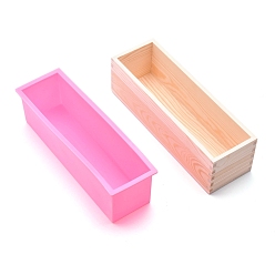 Pearl Pink Rectangular Pine Wood Soap Molds Sets, with Silicone Mold and Wood Box, DIY Handmade Loaf Soap Mold Making Tool, Pearl Pink, 28x8.8x8.6cm, Inner Diameter: 7x25.9cm, 2pcs/set
