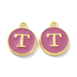 Letter T Golden Plated Alloy Enamel Charms, Cadmium Free & Lead Free, Enamelled Sequins, Flamingo, Flat Round with Letter, Letter.T, 14x12x2mm, Hole: 1.4mm