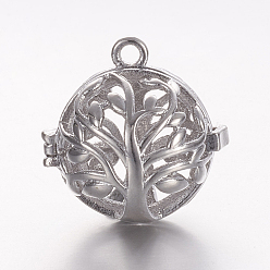 Platinum Brass Cage Pendants, For Chime Ball Pendant Necklaces Making, Hollow Round with Tree of Life, Platinum, 17x17.5x15mm, Hole: 1mm, Inner Diameter: 11.5mm