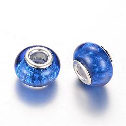 Azul Royal Granos de la resina europeos, abalorios de grande agujero, con núcleos de latón plateado color plata, Rondana plana, azul real, 14x9~9.5 mm, agujero: 5 mm