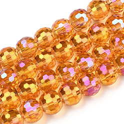 Dark Orange Transparent Electroplate Glass Bead Strands, AB Color Plated, Faceted(96 Facets), Round, Dark Orange, 8mm, Hole: 1.4mm, about 70pcs/strand, 19.88 inch~20.67 inch(50.5~52.5cm)