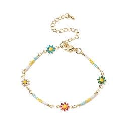 Colorful Brass Flower Link Chain Bracelet with Seed Beaded for Women, Colorful, 6-3/4 inch(17cm)