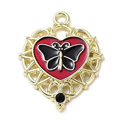 Golden Alloy Enamel Pendants, with Rhinestone, Heart with Butterfly Charm, Golden, 33.5x26x3mm, Hole: 2.8mm