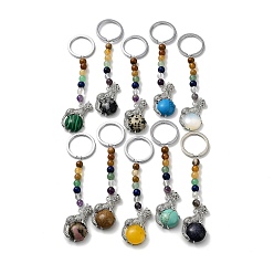 Mixed Stone Natural & Synthetic Mixed Gemstone & Brass Cheetah Keychain, with 7 Chakra Gemstone Bead and Iron Rings, Lead Free & Cadmium Free, 10.3cm
