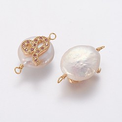 Lion Connecteurs de liens de perles naturelles, avec accessoires zircon cubique micro pave en laiton, plat rond avec constellation, or, fuchsia, leo, 20~26x9~17x5~11mm, Trou: 1.6mm