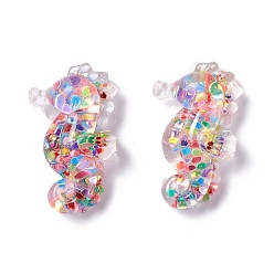 Colorful Transparent Resin Cabochons, Sea Horse with Sequins, Colorful, 25x16x6.5mm