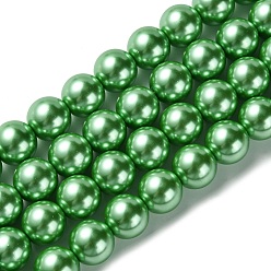 Spring Green Eco-Friendly Glass Pearl Beads Strands, Grade A, Round, Dyed, Cotton Cord Threaded, Spring Green, 14mm, Hole: 1.2~1.5mm, about 30pcs/strand, 15.7 inch
