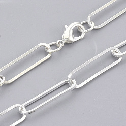 Plata Fabricación de collar de cadena de clip ovalado plano de latón, con cierre de langosta, plata, 19.68 pulgada (50 cm), link: 22x6x1 mm