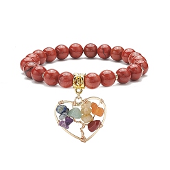 Jaspe Rouge Bracelet extensible en jaspe rouge naturel, yoga chakra mixte pierres précieuses chips coeur avec bracelet à breloques arbre pour femme, diamètre intérieur: 2-1/8 pouce (5.4 cm)