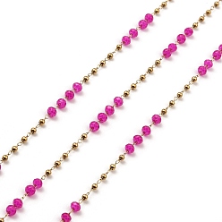 Magenta Rondelle Glass Beaded Link Chains, with Golden 304 Stainless Steel Paperclip Chains, Soldered, with Spool, Magenta, 3x2.5mm, 2mm, about 32.81 Feet(10m)/Roll