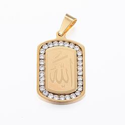 Golden 304 Stainless Steel Crystal Rhinestone Rectangle with Allah Pendants, Arabic Pendants, Golden, 32x20x3mm, Hole: 4.5x9mm