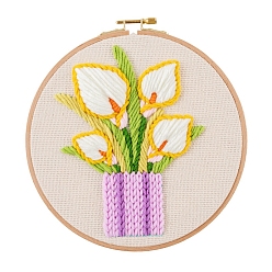 Flower Flower Pattern DIY 3D Yarn Embroidery Painting Kits for Beginners, Including Instructions, Printed Cotton Fabric, Embroidery Thread & Needles, Round Embroidery Hoop, Callalily, 350x290mm