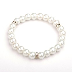 White Glass Pearl Round Beads Stretch Bracelets, with Silver Color Plated Brass Middle East Rhinestone Beads, White, 52mm