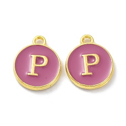 Letter P Golden Plated Alloy Enamel Charms, Cadmium Free & Lead Free, Enamelled Sequins, Flamingo, Flat Round with Letter, Letter.P, 14x12x2mm, Hole: 1.4mm