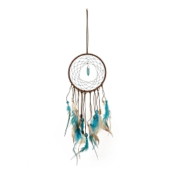 Turquoise Iron Synthetic Turquoise Woven Web/Net with Feather Pendant Decorations, with Wood and Plastic Beads, Covered with Cotton Lace and Villus Cord,, Flat Round, Turquoise, 540mm