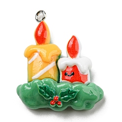 Others Opaque Resin Pendants, Christmas Charms with Platinum Plated Iron Loops, Christmas Candle, Green, Others, 30.5x25x8mm, Hole: 2mm