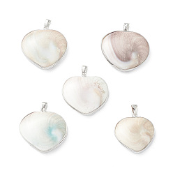 Other Sea Shell Natural Sea Shell Pendants, Heart Charms, with Platinum Plated Brass and Alloy Findings, 32.5~37.5x32~39x8~11mm, Hole: 4x6.5mm
