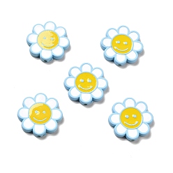 Light Sky Blue Opaque Acrylic Beads, with Enamel, Flower with Smiling Face, Light Sky Blue, 24.5~25x4mm, Hole: 1.5mm