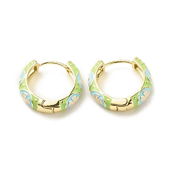 Lawn Green Flower Enamel Hoop Earrings, Gold Plated Brass Hinged Earrings for Women, Lawn Green, 20x22x5mm, Pin: 0.9mm