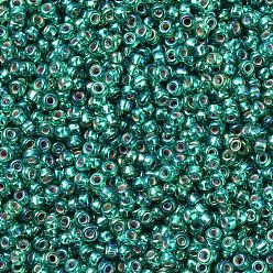 (RR1017) Silverlined Emerald AB Perles rocailles miyuki rondes, perles de rocaille japonais, (rr 1017) émeraude argentée ab, 11/0, 2x1.3mm, trou: 0.8 mm, sur 1100 pcs / bouteille, 10 g / bouteille