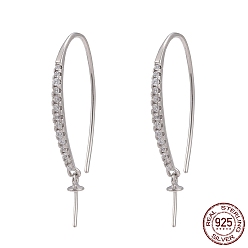 Platinum Rhodium Plated 925 Sterling Silver Micro Pave Cubic Zirconia Earring Hooks, For Half-drilled Beads, Platinum, 30~32x2mm, 22 Gauge, Pin: 0.6mm and 0.7mm
