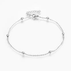 Stainless Steel Color 304 Stainless Steel Anklets, with Lobster Claw Clasps, Round Beads and Cable Chains, Stainless Steel Color, 9 inch(230mm), 1.5mm