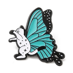 Blanco Gato con alfileres de esmalte de ala de mariposa, Broche de aleación chapado en negro de electroforesis, blanco, 35x28x1.5 mm